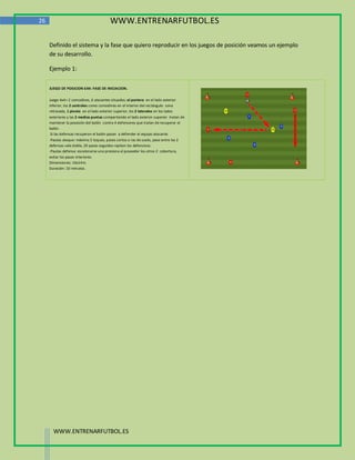 26                                       WWW.ENTRENARFUTBOL.ES

     Definido el sistema y la fase que quiero reproducir en los juegos de posición veamos un ejemplo
     de su desarrollo.

     Ejemplo 1:

     JUEGO DE POSICION 6X4: FASE DE INICIACION.

     Juego 4x4+ 2 comodines, 6 atacantes situados; el portero en el lado exterior
     inferior, los 2 centrales como comodines en el interior del rectángulo zona
     retrasada, 1 pivote en el lado exterior superior, los 2 laterales en los lados
     exteriores y las 2 medias puntas compartiendo el lado exterior superior tratan de
     mantener la posesión del balón contra 4 defensores que tratan de recuperar el
     balón.
      Si las defensas recuperan el balón pasan a defender el equipo atacante.
     -Pautas ataque: máximo 2 toques, pases cortos a ras de suelo, pase entre las 2
     defensas vale doble, 20 pases seguidos repiten los defensivos.
     -Pautas defensa: escalonarse uno presiona al poseedor los otros 2 cobertura,
     evitar los pases interiores.
     Dimensiones: 16x14m.
     Duración: 10 minutos.




       WWW.ENTRENARFUTBOL.ES
 