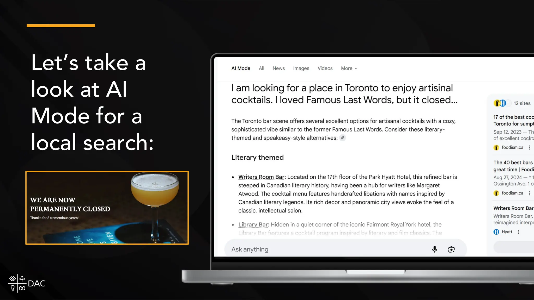 Let’s take a
look at AI
Mode for a
local search:
 