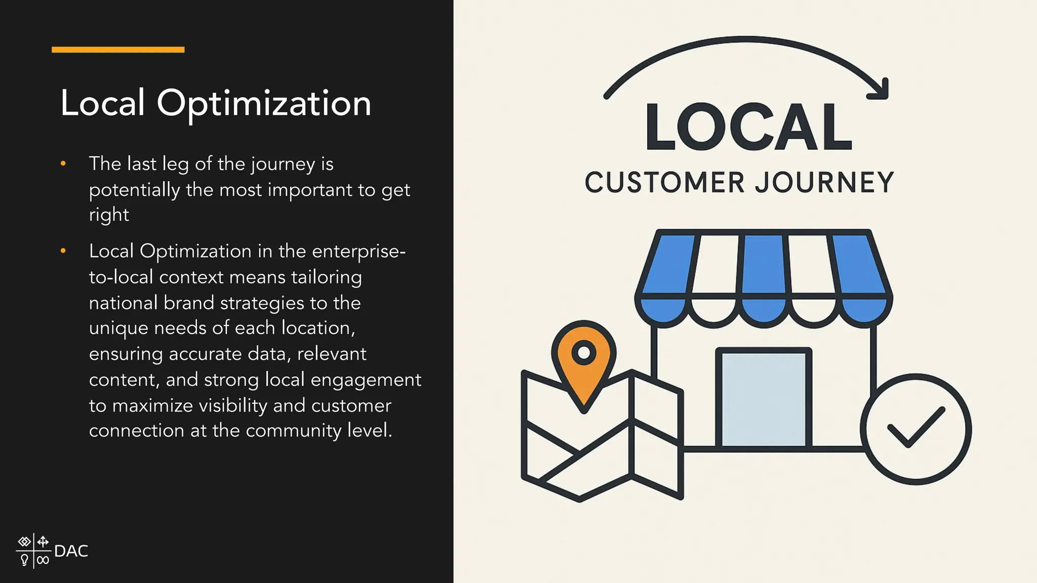 • The last leg of the journey is
potentially the most important to get
right
• Local Optimization in the enterprise-
to-local context means tailoring
national brand strategies to the
unique needs of each location,
ensuring accurate data, relevant
content, and strong local engagement
to maximize visibility and customer
connection at the community level.
Local Optimization
 