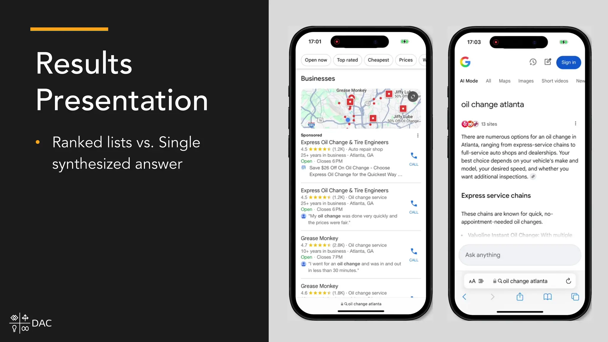• Ranked lists vs. Single
synthesized answer
Results
Presentation
 