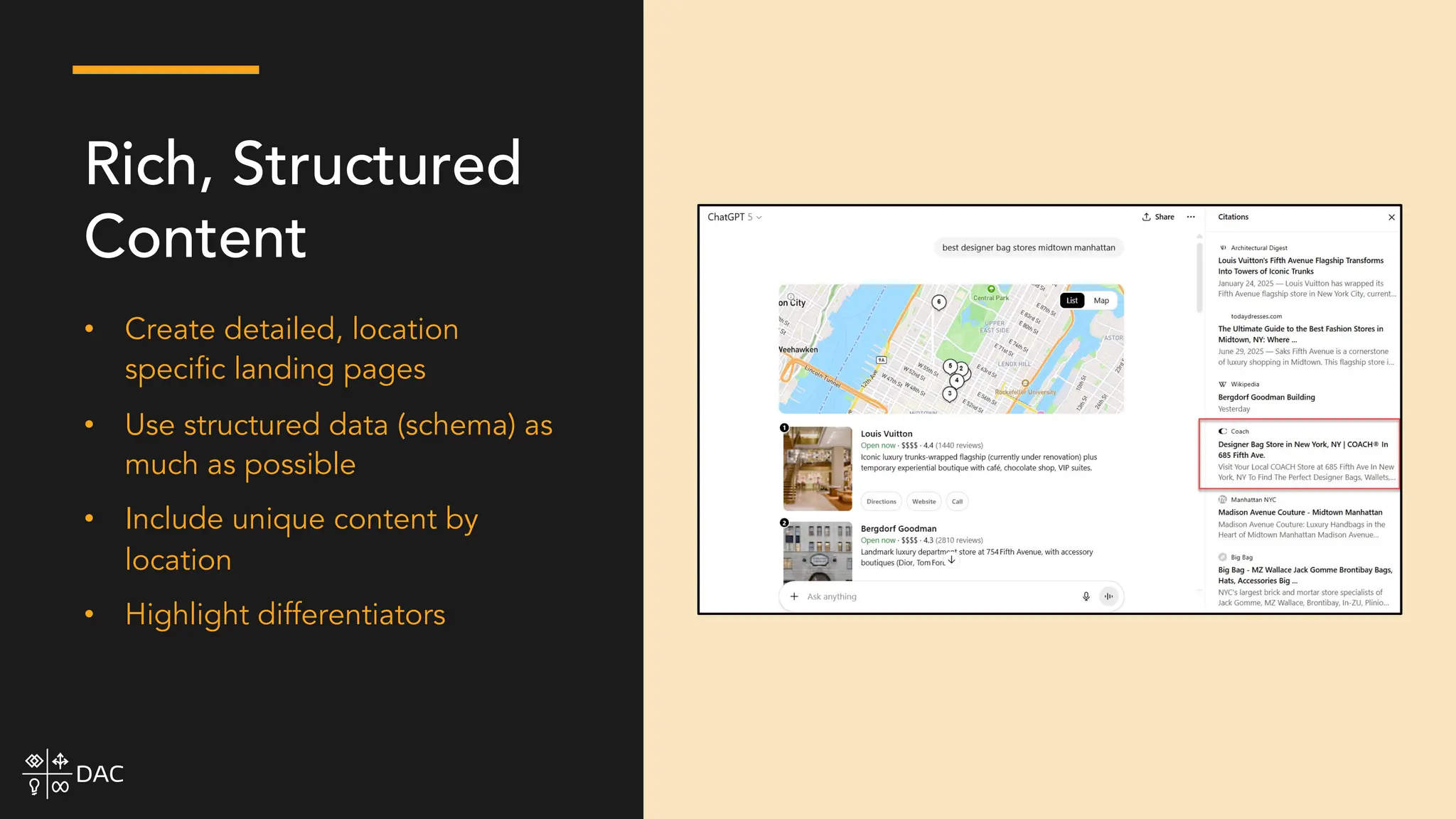 • Create detailed, location
specific landing pages
• Use structured data (schema) as
much as possible
• Include unique content by
location
• Highlight differentiators
Rich, Structured
Content
 