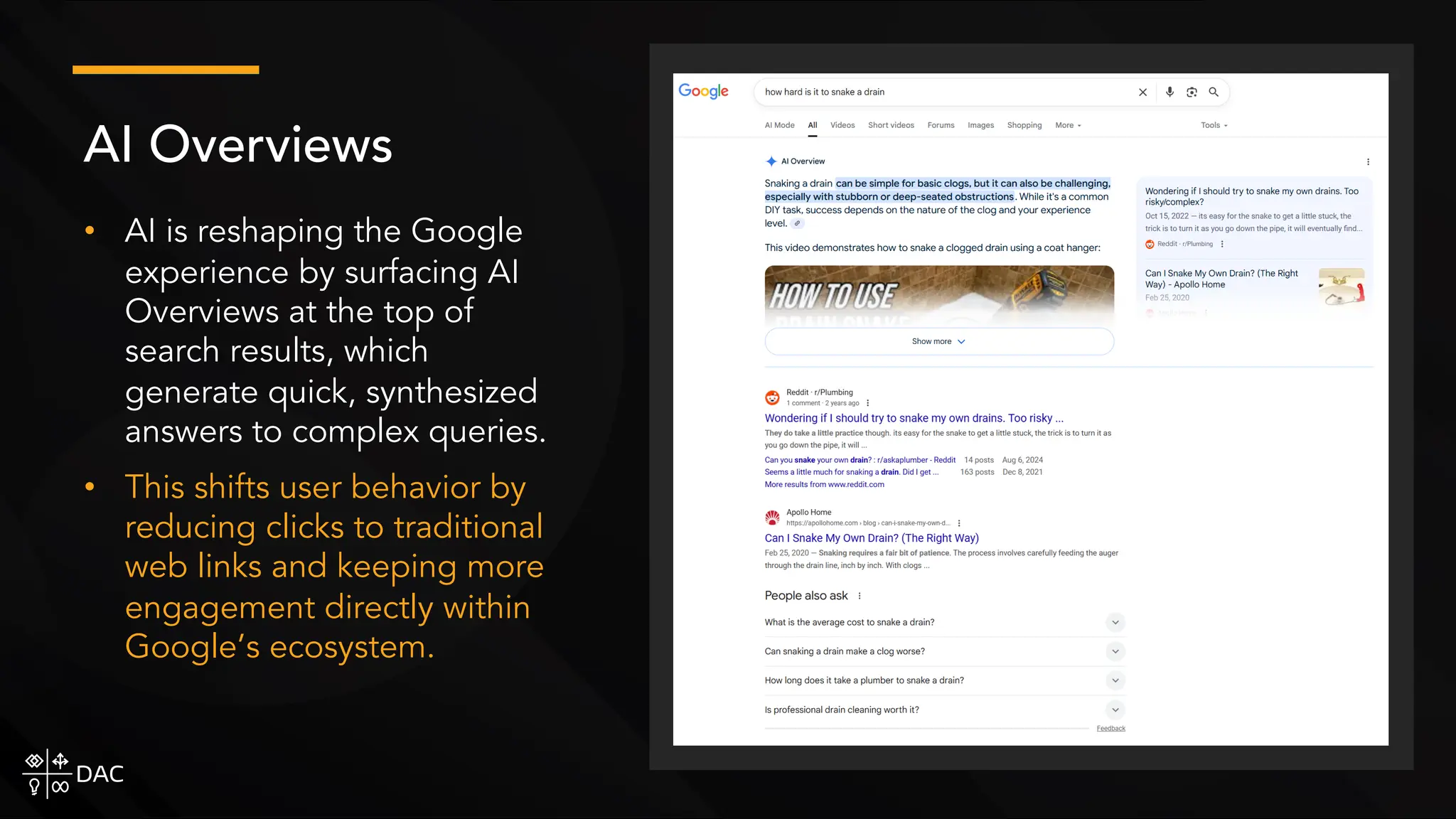 • AI is reshaping the Google
experience by surfacing AI
Overviews at the top of
search results, which
generate quick, synthesized
answers to complex queries.
• This shifts user behavior by
reducing clicks to traditional
web links and keeping more
engagement directly within
Google’s ecosystem.
AI Overviews
 