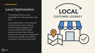 • The last leg of the journey is
potentially the most important to get
right
• Local Optimization in the enterprise-
to-local context means tailoring
national brand strategies to the
unique needs of each location,
ensuring accurate data, relevant
content, and strong local engagement
to maximize visibility and customer
connection at the community level.
Local Optimization
 