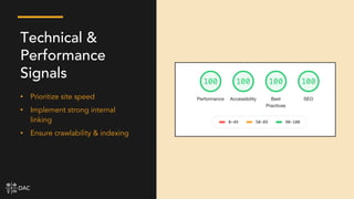 • Prioritize site speed
• Implement strong internal
linking
• Ensure crawlability & indexing
Technical &
Performance
Signals
 