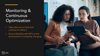 • Take what you’ve built and
continue to refine it
• Ensure flexibility with KPI’s as the
environment is constantly changing
Monitoring &
Continuous
Optimization
 