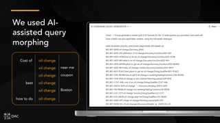 We used AI-
assisted query
morphing
oil change
Cost of
near me
oil change
oil change coupon
oil change
best
oil change Boston
oil change
how to do
 