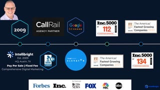 Est. 2009
HQ: Austin, TX
As Featured
In
2009
Pay Per Sale | Fixed Fee
Comprehensive Digital Marketing
 