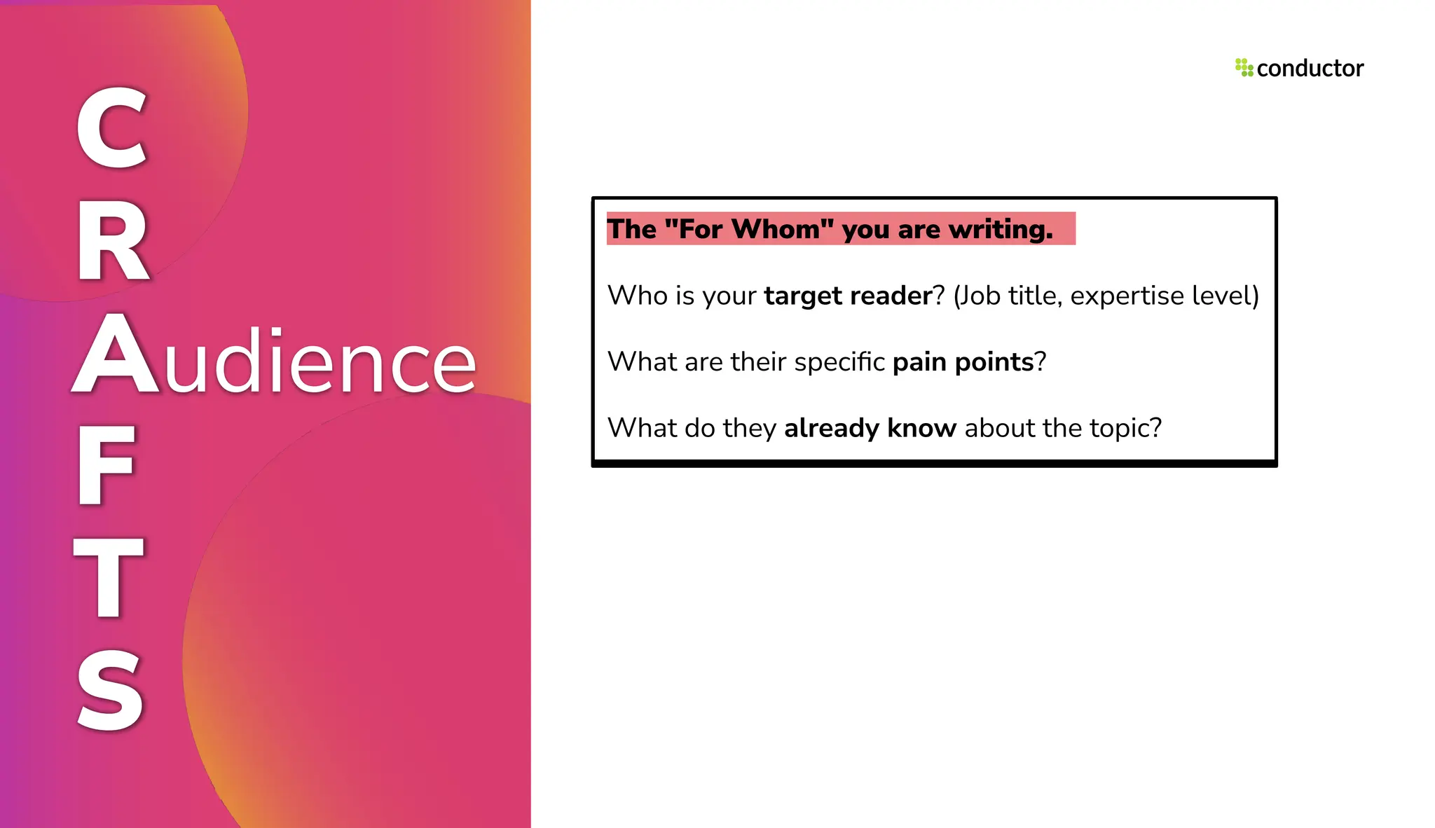 C
R
Audience
F
T
S
The "For Whom" you are writing.
Who is your target reader? (Job title, expertise level)
What are their speciﬁc pain points?
What do they already know about the topic?
 