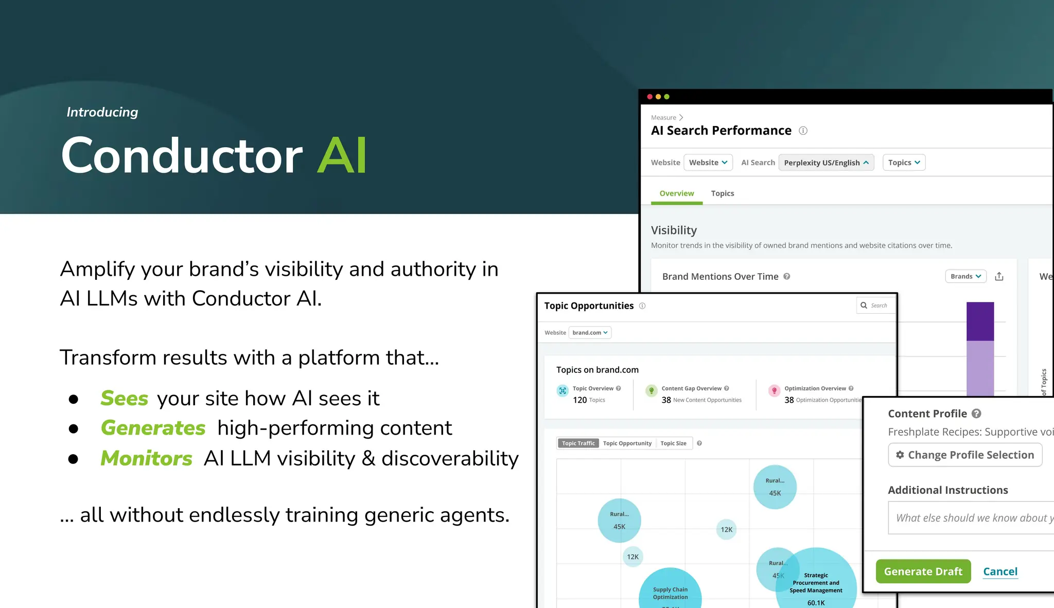 Amplify your brand’s visibility and authority in
AI LLMs with Conductor AI.
Transform results with a platform that…
● Sees your site how AI sees it
● Generates high-performing content
● Monitors AI LLM visibility & discoverability
… all without endlessly training generic agents.
Conductor AI
Introducing
 