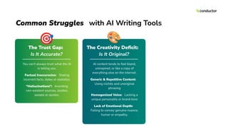 Common Struggles with AI Writing Tools
The Trust Gap:
Is It Accurate?
You can’t always trust what the AI
is telling you.
Factual Inaccuracies: Stating
incorrect facts, dates or statistics.
“Hallucinations”: Inventing
non-existent sources, studies,
people or quotes.
The Creativity Deﬁcit:
Is It Original?
AI content tends to feel bland,
uninspired, or like a copy of
everything else on the internet.
Generic & Repetitive Content:
Using clichés and unoriginal
phrasing
Homogenized Voice: Lacking a
unique personality or brand tone
Lack of Emotional Depth:
Failing to convey genuine nuance,
humor or empathy.
🎯 🎨
 