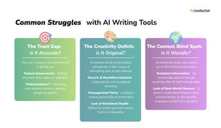 Common Struggles with AI Writing Tools
The Trust Gap:
Is It Accurate?
You can’t always trust what the AI
is telling you.
Factual Inaccuracies: Stating
incorrect facts, dates or statistics.
“Hallucinations”: Inventing
non-existent sources, studies,
people or quotes.
The Creativity Deﬁcit:
Is It Original?
AI content tends to feel bland,
uninspired, or like a copy of
everything else on the internet.
Generic & Repetitive Content:
Using clichés and unoriginal
phrasing
Homogenized Voice: Lacking a
unique personality or brand tone
Lack of Emotional Depth:
Failing to convey genuine nuance,
humor or empathy.
The Context Blind Spot:
Is It Worldly?
AI inherently lacks real-world,
up-to-the-minute experience.
Outdated Information: Its
knowledge doesn’t include
anything after its last training date.
Lack of Real-World Nuance: It
doesn’t understand timely events,
cultural trends, or the speciﬁc,
unspoken context of a situation.
🎯 🌍
🎨
 
