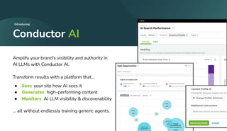Amplify your brand’s visibility and authority in
AI LLMs with Conductor AI.
Transform results with a platform that…
● Sees your site how AI sees it
● Generates high-performing content
● Monitors AI LLM visibility & discoverability
… all without endlessly training generic agents.
Conductor AI
Introducing
 