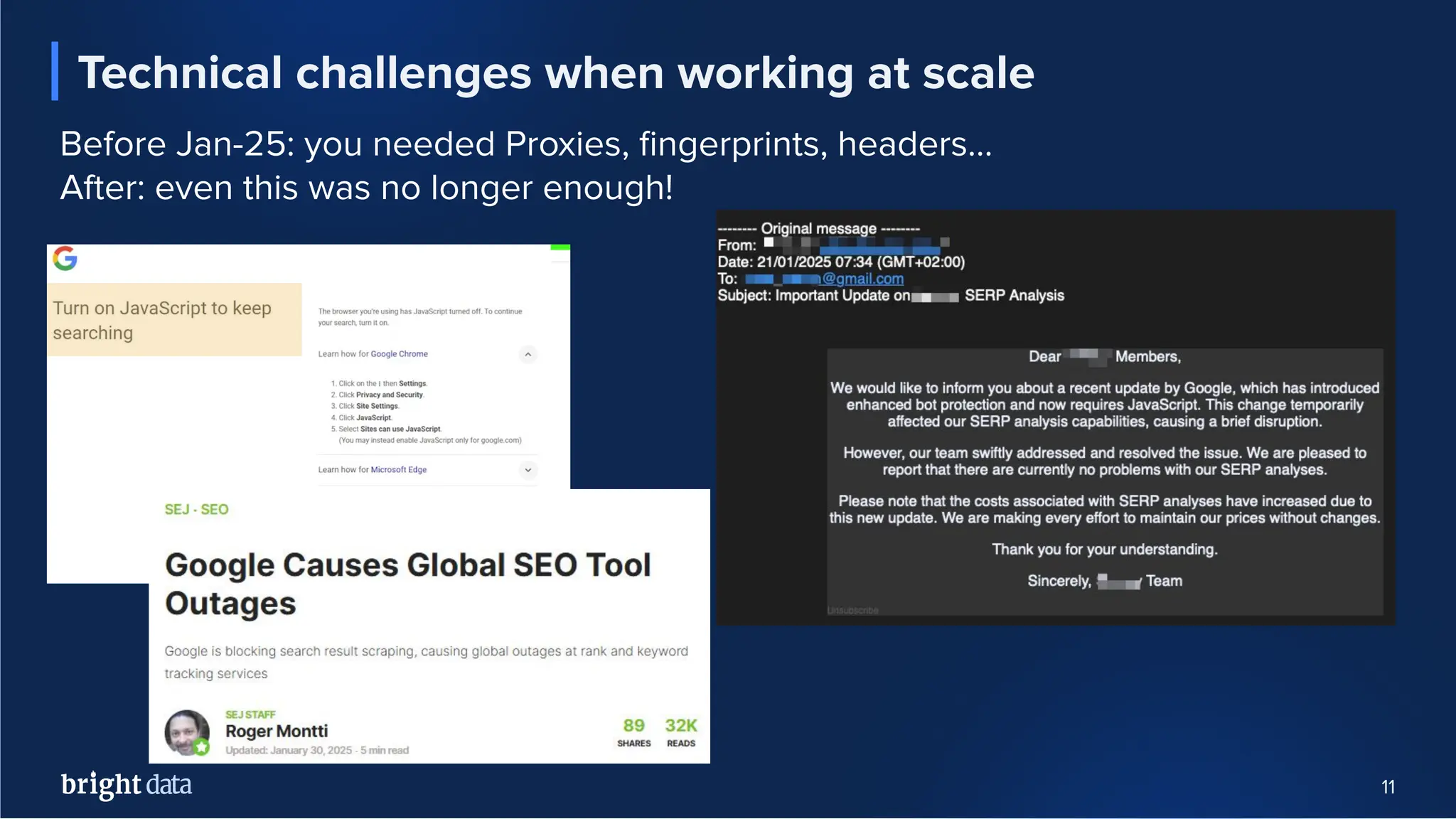 11
Technical challenges when working at scale
Before Jan-25: you needed Proxies, ﬁngerprints, headers…
After: even this was no longer enough!
 