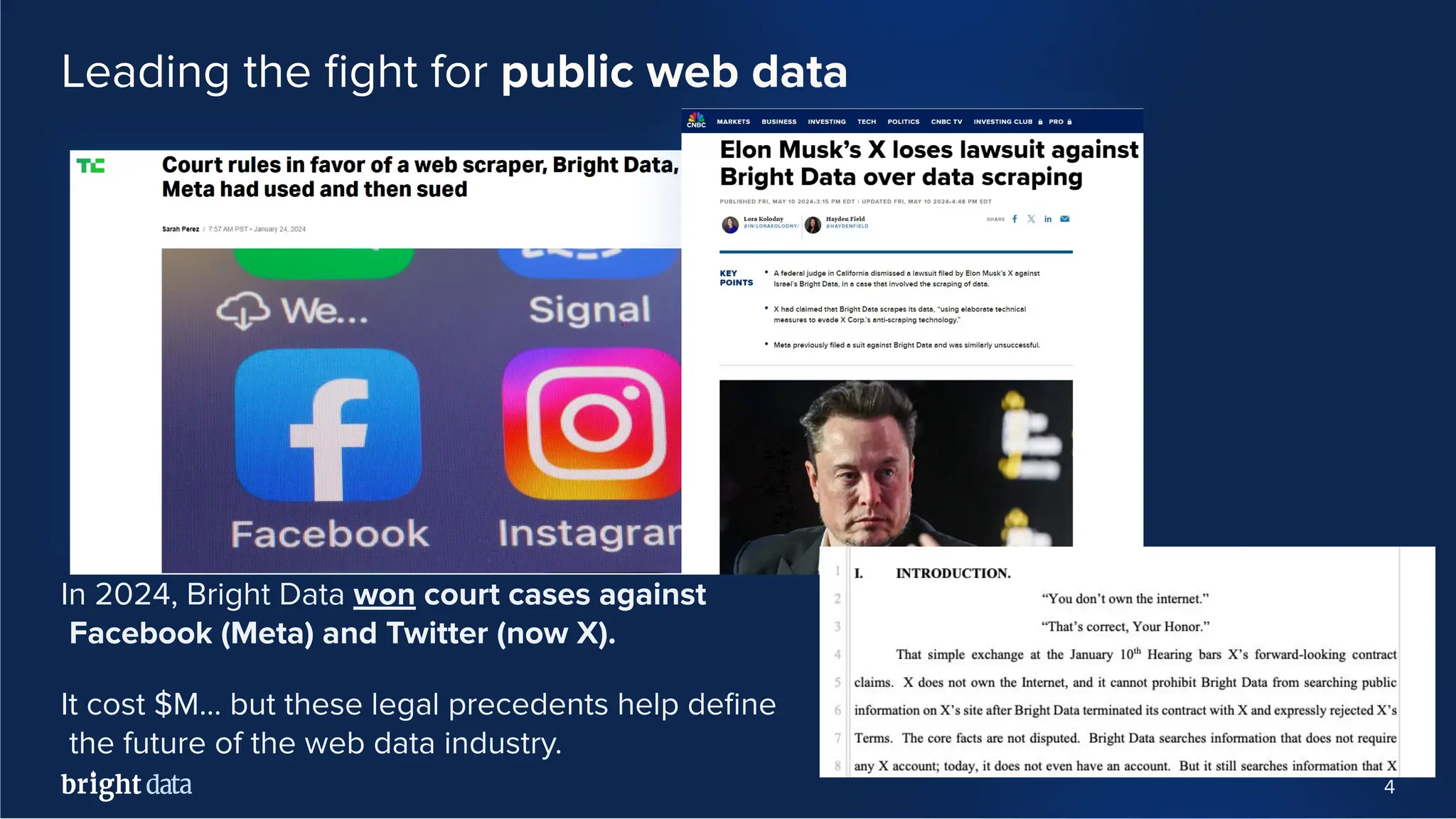 4
In 2024, Bright Data won court cases against
Facebook (Meta) and Twitter (now X).
It cost $M… but these legal precedents help deﬁne
the future of the web data industry.
Leading the ﬁght for public web data
 