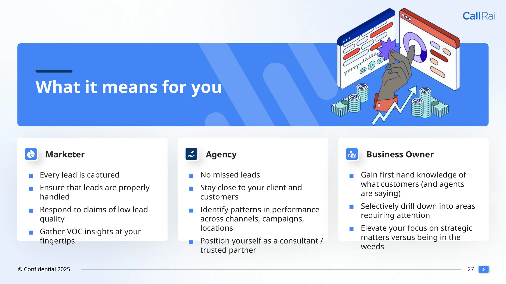 27
© Confidential 2025
What it means for you
▪ Every lead is captured
▪ Ensure that leads are properly
handled
▪ Respond to claims of low lead
quality
▪ Gather VOC insights at your
fingertips
Marketer
▪ No missed leads
▪ Stay close to your client and
customers
▪ Identify patterns in performance
across channels, campaigns,
locations
▪ Position yourself as a consultant /
trusted partner
Agency
▪ Gain first hand knowledge of
what customers (and agents
are saying)
▪ Selectively drill down into areas
requiring attention
▪ Elevate your focus on strategic
matters versus being in the
weeds
Business Owner
 