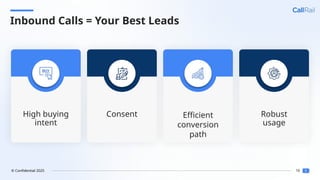 18
© Confidential 2025
Inbound Calls = Your Best Leads
High buying
intent
Consent Efficient
conversion
path
Robust
usage
 