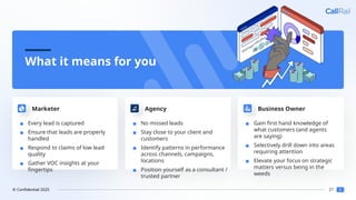 27
© Confidential 2025
What it means for you
▪ Every lead is captured
▪ Ensure that leads are properly
handled
▪ Respond to claims of low lead
quality
▪ Gather VOC insights at your
fingertips
Marketer
▪ No missed leads
▪ Stay close to your client and
customers
▪ Identify patterns in performance
across channels, campaigns,
locations
▪ Position yourself as a consultant /
trusted partner
Agency
▪ Gain first hand knowledge of
what customers (and agents
are saying)
▪ Selectively drill down into areas
requiring attention
▪ Elevate your focus on strategic
matters versus being in the
weeds
Business Owner
 