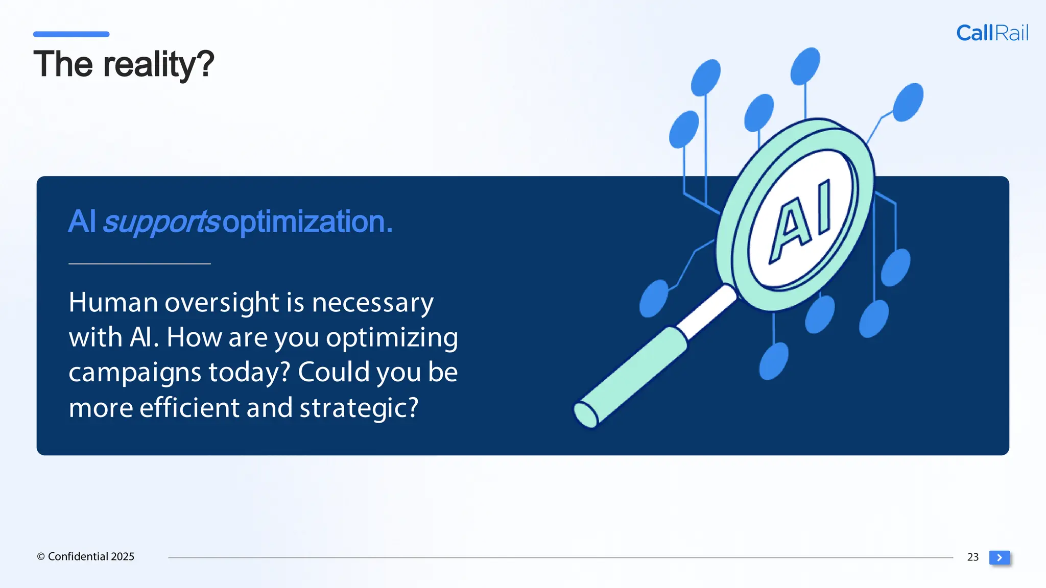 23
© Confidential 2025
The reality?
Human oversight is necessary
with AI. How are you optimizing
campaigns today? Could you be
more efficient and strategic?
AIsupportsoptimization.
 