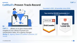 6
© Confidential 2025
CallRail’s Proven Track-Record
v v
Top-rated by 220,000 businesses (and
counting)
allows us to give measurable
insights to our clients to prove our
conversions rates. It’s a game changer.
Bailey S., Agency Owner & CallRail Customer, G2
review
Founded in 2011, AI provider since 2016.
 