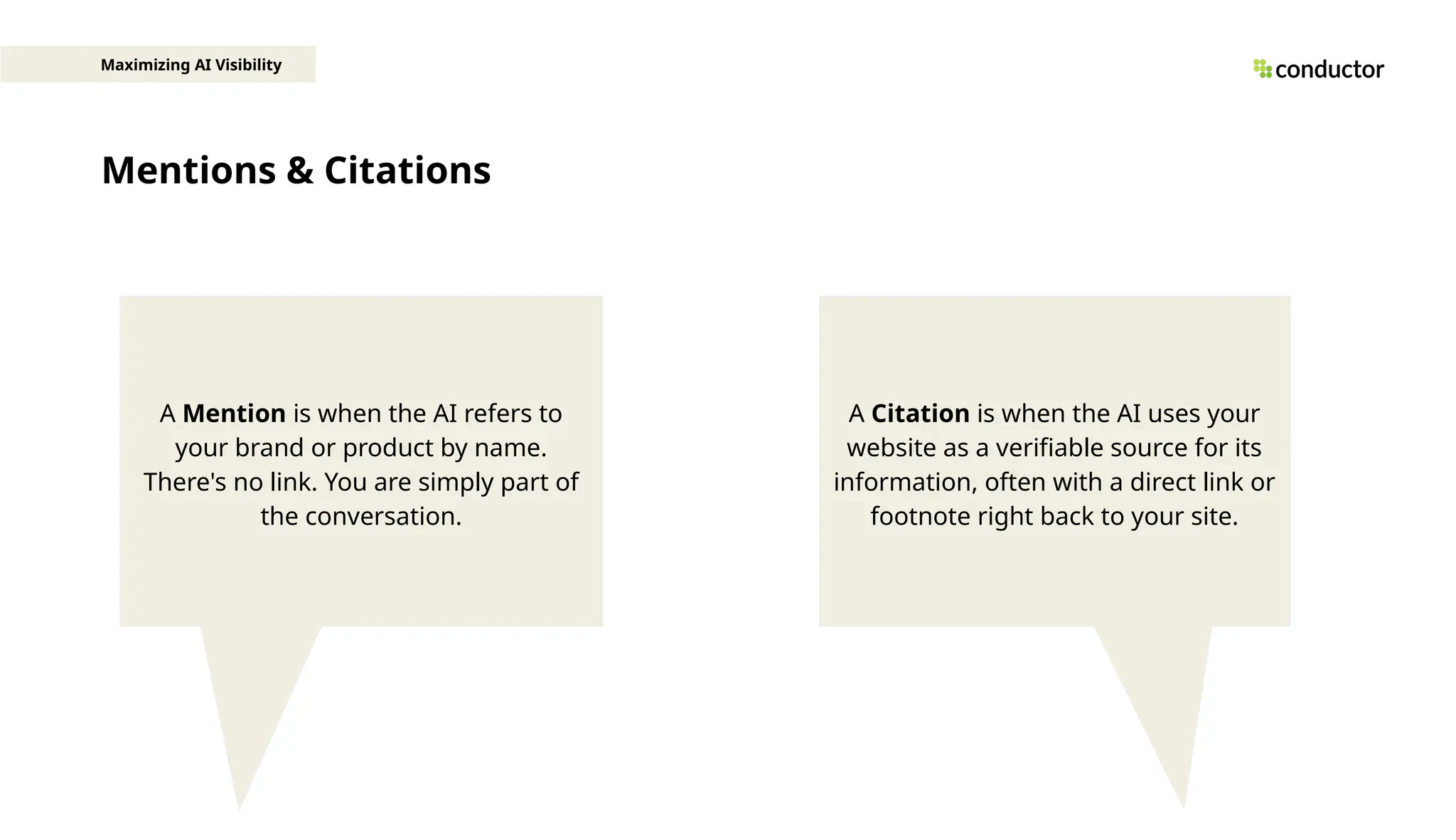 Mentions & Citations
Maximizing AI Visibility
A Mention is when the AI refers to
your brand or product by name.
There's no link. You are simply part of
the conversation.
A Citation is when the AI uses your
website as a verifiable source for its
information, often with a direct link or
footnote right back to your site.
 