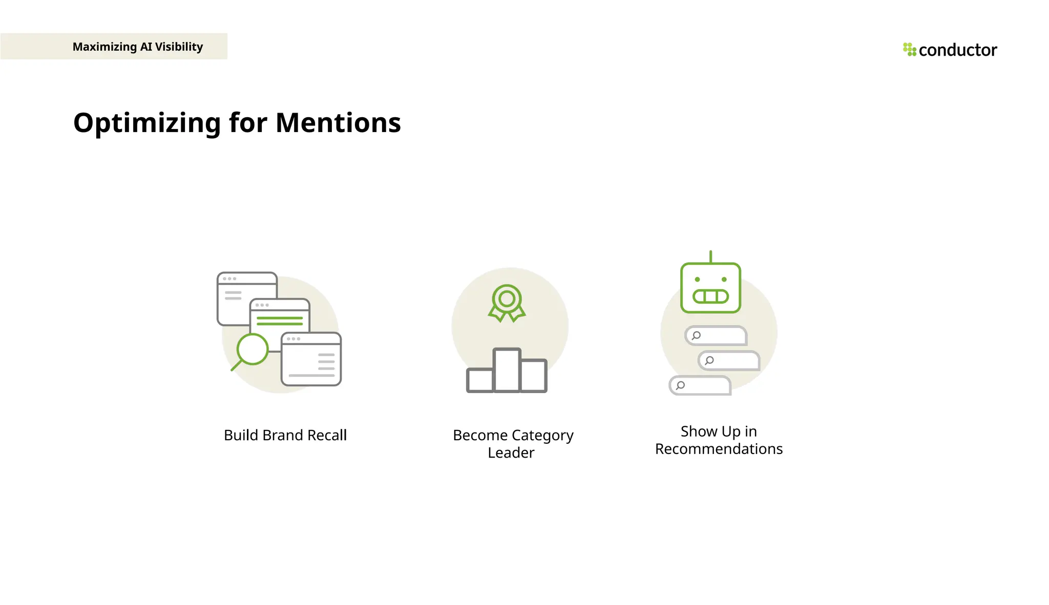 Optimizing for Mentions
Maximizing AI Visibility
Show Up in
Recommendations
Become Category
Leader
Build Brand Recall
 