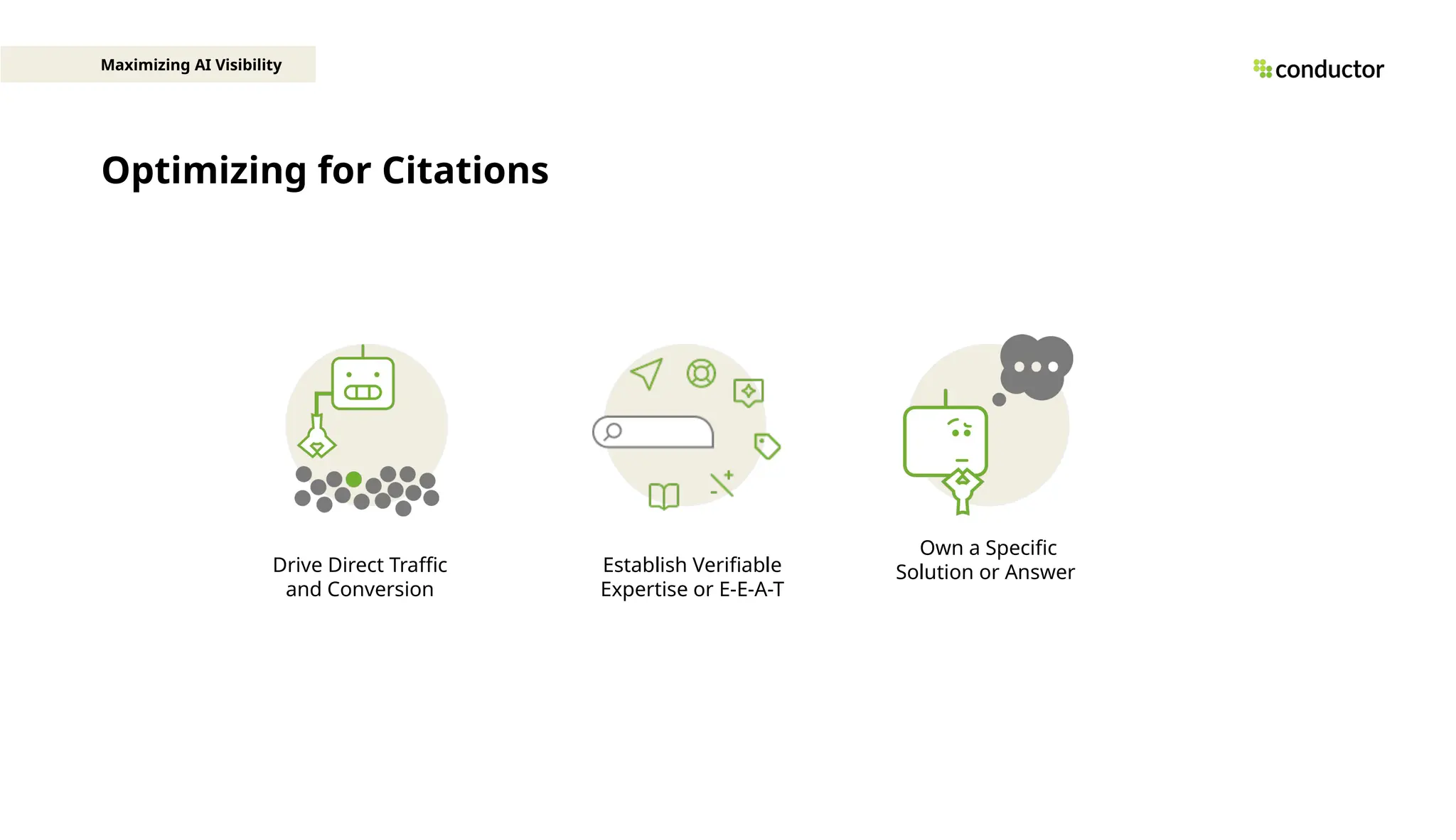 Optimizing for Citations
Maximizing AI Visibility
Own a Specific
Solution or Answer
Establish Verifiable
Expertise or E-E-A-T
Drive Direct Traffic
and Conversion
 