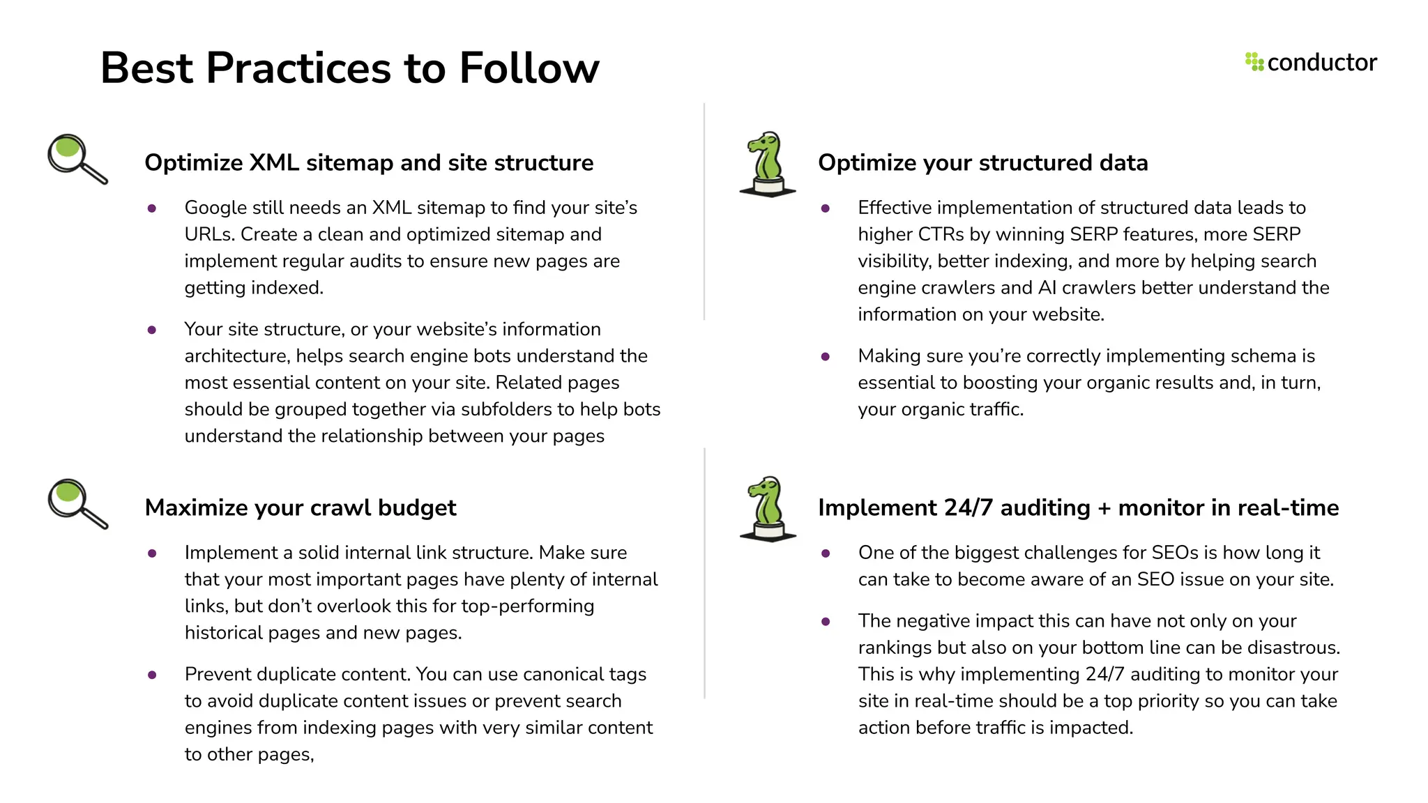 Best Practices to Follow
Optimize XML sitemap and site structure
● Google still needs an XML sitemap to ﬁnd your site’s
URLs. Create a clean and optimized sitemap and
implement regular audits to ensure new pages are
getting indexed.
● Your site structure, or your website’s information
architecture, helps search engine bots understand the
most essential content on your site. Related pages
should be grouped together via subfolders to help bots
understand the relationship between your pages
Optimize your structured data
● Effective implementation of structured data leads to
higher CTRs by winning SERP features, more SERP
visibility, better indexing, and more by helping search
engine crawlers and AI crawlers better understand the
information on your website.
● Making sure you’re correctly implementing schema is
essential to boosting your organic results and, in turn,
your organic trafﬁc.
Maximize your crawl budget
● Implement a solid internal link structure. Make sure
that your most important pages have plenty of internal
links, but don’t overlook this for top-performing
historical pages and new pages.
● Prevent duplicate content. You can use canonical tags
to avoid duplicate content issues or prevent search
engines from indexing pages with very similar content
to other pages,
Implement 24/7 auditing + monitor in real-time
● One of the biggest challenges for SEOs is how long it
can take to become aware of an SEO issue on your site.
● The negative impact this can have not only on your
rankings but also on your bottom line can be disastrous.
This is why implementing 24/7 auditing to monitor your
site in real-time should be a top priority so you can take
action before trafﬁc is impacted.
 