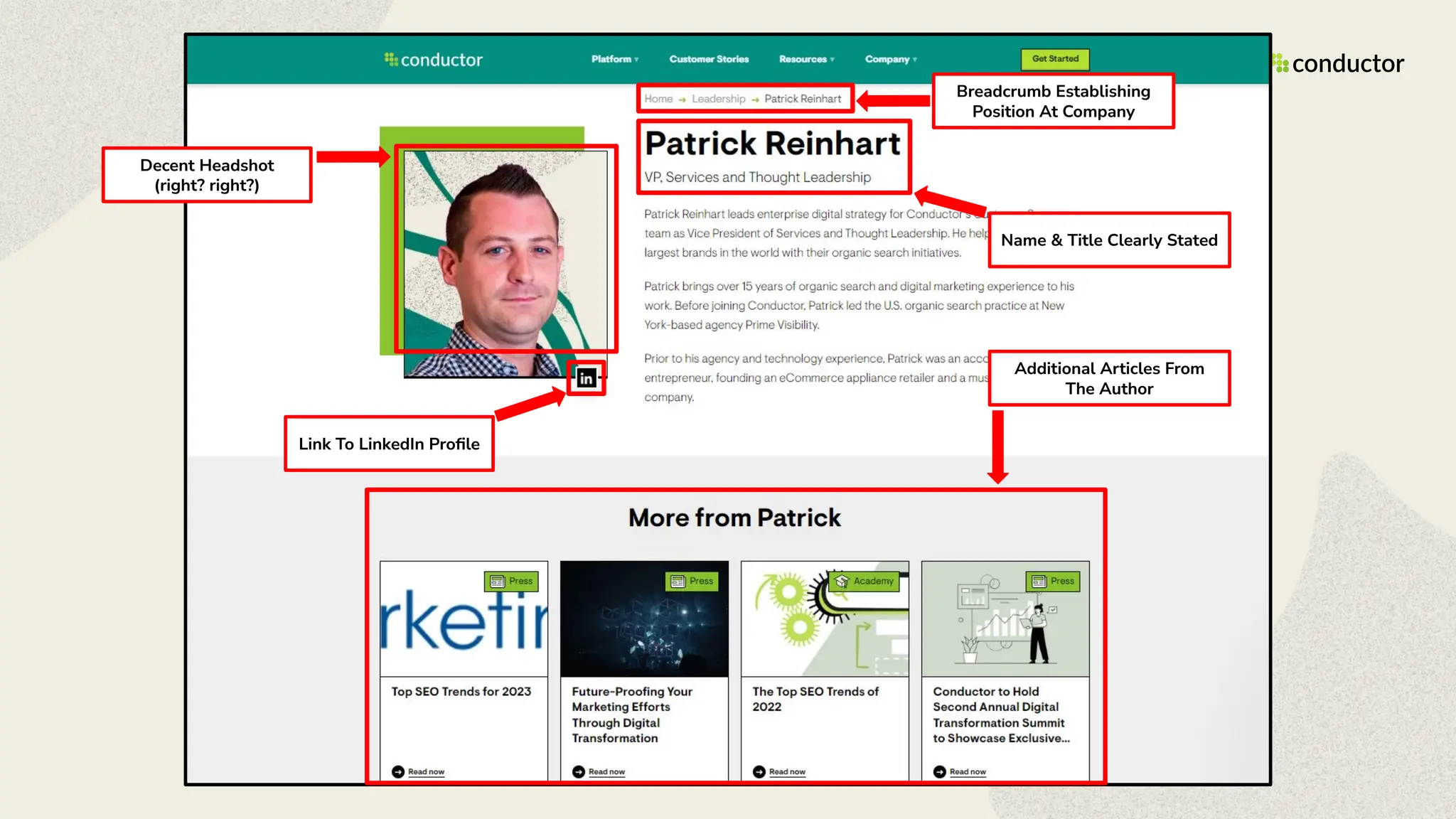 Link To LinkedIn Proﬁle
Breadcrumb Establishing
Position At Company
Name & Title Clearly Stated
Additional Articles From
The Author
Decent Headshot
(right? right?)
 