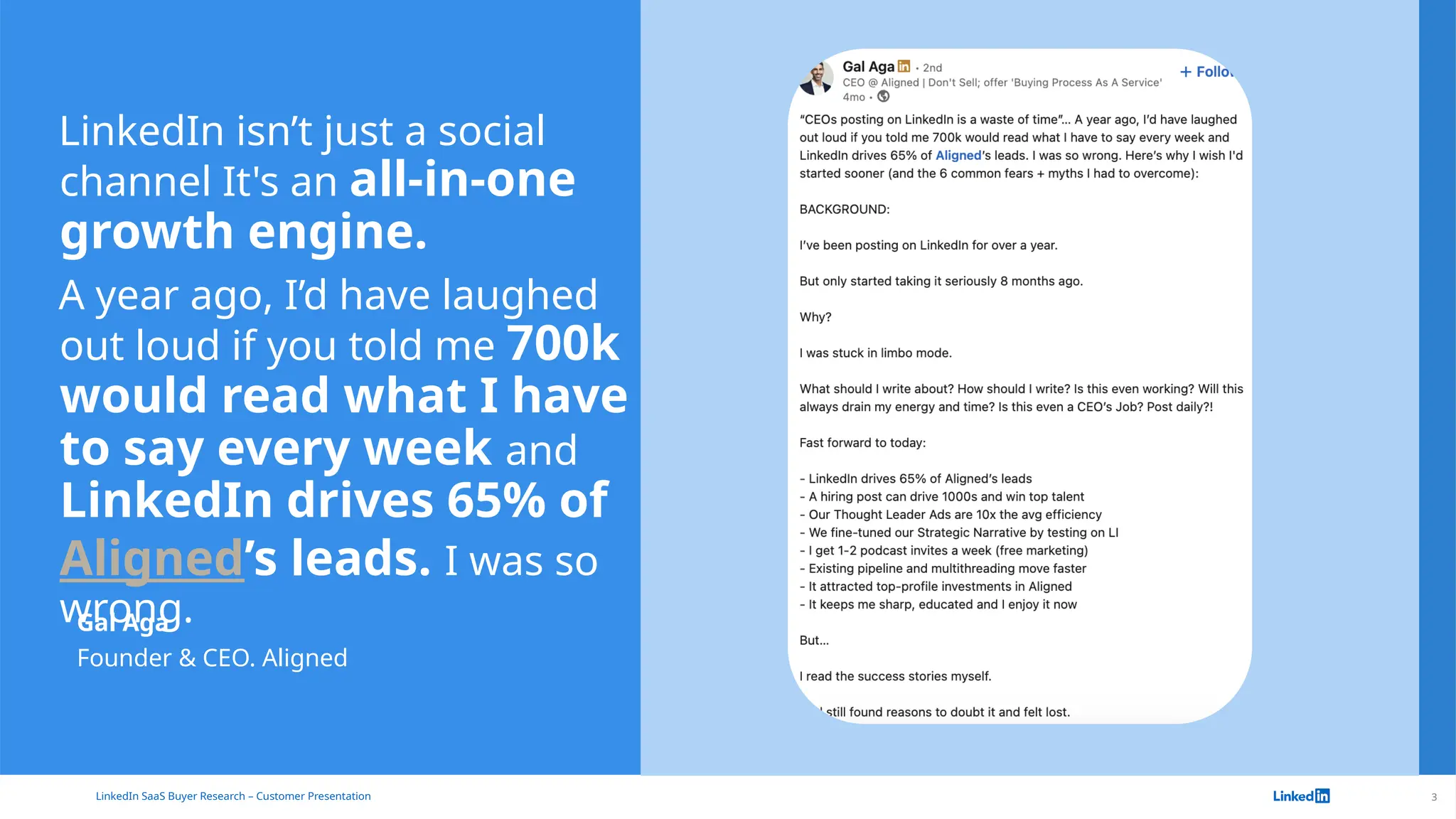 3
LinkedIn isn’t just a social
channel It's an all-in-one
growth engine.
A year ago, I’d have laughed
out loud if you told me 700k
would read what I have
to say every week and
LinkedIn drives 65% of
Aligned’s leads. I was so
wrong.
Gal Aga
Founder & CEO. Aligned
LinkedIn SaaS Buyer Research – Customer Presentation
Insert image here
 