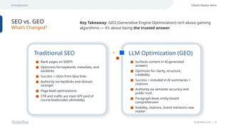 Introduction
OuterBox.com | 8
Client Name Here
SEO vs. GEO
What’s Changed?
Traditional SEO
■ Rank pages on SERPS
■ Optimizes for keywords, metadata, and
backlinks
■ Success = clicks from blue links
■ Authority via backlinks and domain
strength
■ Page-level optimizations
■ CTR and traffic are main KPI (and of
course leads/sales ultimately)
Key Takeaway: GEO (Generative Engine Optimization) isn’t about gaming
algorithms — it’s about being the trusted answer.
LLM Optimization (GEO)
■ Surfaces content in AI-generated
answers
■ Optimizes for clarity, structure,
credibility
■ Success = included in AI summaries +
citations
■ Authority via semantic accuracy and
public trust
■ Paragraph-level, entity-based
comprehension
■ Visibility, citations, brand mentions now
matter
 