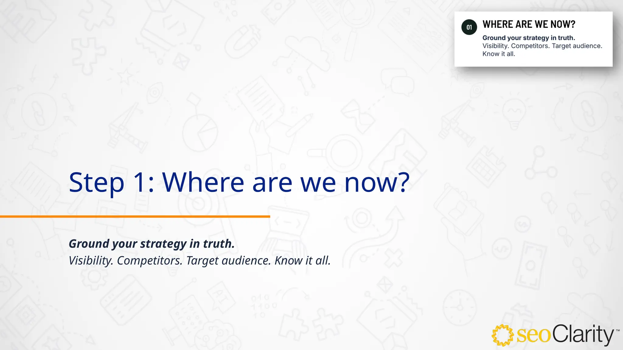 Step 1: Where are we now?
Ground your strategy in truth.
Visibility. Competitors. Target audience. Know it all.
 