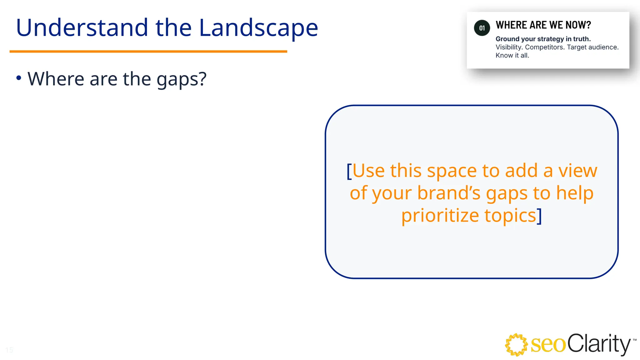 15
Understand the Landscape
• Where are the gaps?
[Use this space to add a view
of your brand’s gaps to help
prioritize topics]
 