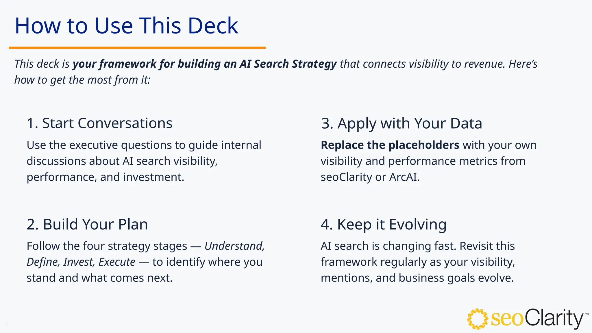 3
How to Use This Deck
1. Start Conversations 3. Apply with Your Data
4. Keep it Evolving
Replace the placeholders with your own
visibility and performance metrics from
seoClarity or ArcAI.
AI search is changing fast. Revisit this
framework regularly as your visibility,
mentions, and business goals evolve.
2. Build Your Plan
Follow the four strategy stages — Understand,
Define, Invest, Execute — to identify where you
stand and what comes next.
Use the executive questions to guide internal
discussions about AI search visibility,
performance, and investment.
This deck is your framework for building an AI Search Strategy that connects visibility to revenue. Here’s
how to get the most from it:
 