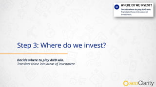 Step 3: Where do we invest?
Decide where to play AND win.
Translate those into areas of investment.
 
