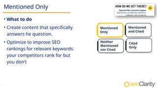 29
Mentioned Only
• What to do
• Create content that specifically
answers he question.​
• Optimize to improve SEO
rankings for relevant keywords
your competitors rank for but
you don’t​
Mentioned
and Cited
Neither
Mentioned
nor Cited
Cited
Only
Mentioned
Only
 