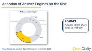 Adoption of Answer Engines on the Rise
*How People Use ChatGPT OpenAI Research, September 2025
‘Search’ intent share
is up to ~1B/day
ChatGPT
 
