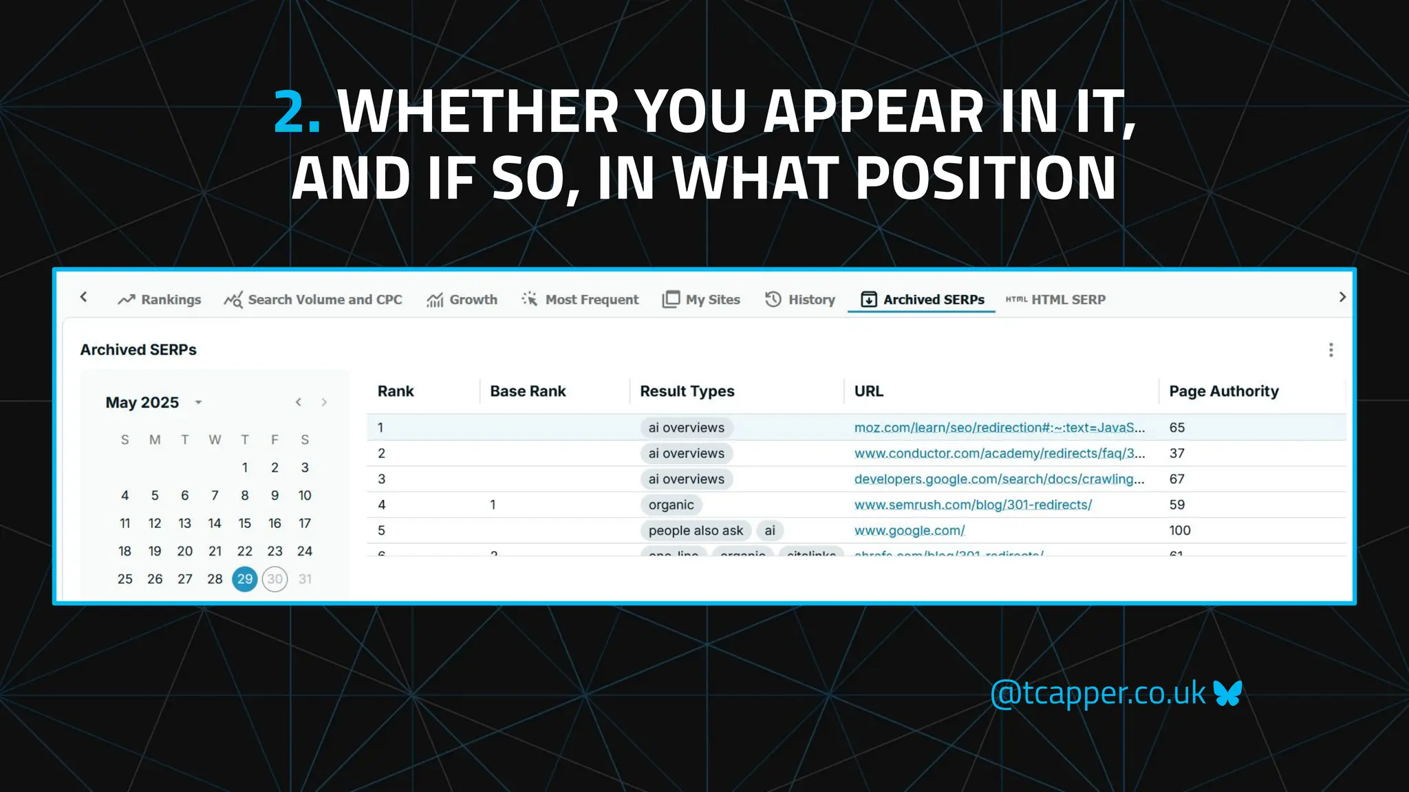 @tcapper.co.uk
2. WHETHER YOU APPEAR IN IT,
AND IF SO, IN WHAT POSITION
 