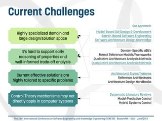  
The 25th International Conference on Software Engineering and Knowledge Engineering (SEKE'13) – Boston/MA – USA – June/2013
Current Challenges
It's hard to support early
reasoning of properties and
well-informed trade-off analysis
Current effective solutions are
highly tailored to specific problems
Control Theory mechanisms may not
directly apply in computer systems
Architectural Styles/Patterns
Reference Architectures
Architecture Design Handbooks
Domain-Specific ADL's
Formal Reference Models/Frameworks
Qualitative Architecture Analysis Methods
Quantitative Architecture Analysis Methods
Model-Based SW Design & Development
Search-Based Software Engineering
Software Architecture Design Knowledge
Systematic Literature Reviews
Model-Predictive Control
Hybrid Systems Control
Our Approach
Highly specialized domain and
large design/solution space
 