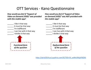 ©Guenther Ruhe
OTT Services ‐ Kano Questionnaire 
SEKE 2015 32
How would you feel if “Support of 
Video‐on‐Demand (VOD)” w...