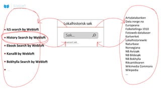 Artsdatabanken
Data.norge.no
Europeana
Folketellinga 1910
Fotoweb-databaser
Kartverket
Lokalhistoriewiki
Naturbase
Norvegiana
NB Avissøk
NB Bildesøk
NB Bokhylla
Riksantikvaren
Wikimedia Commons
Wikipedia
...
History Search by Webloft
ILS search by Webloft
Ebook Search by Webloft
KanalB by Webloft
Bokhylla Search by Webloft
...
 