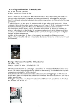 2x Die wichtigsten Irrtümer über die deutsche Einheit
von Richrad Schröder, 254 Seiten
Freiburg: Herder 22007, 978-3451296123

Richard Schröder prüft die Klischees und Mythen der Nachwendezeit: War die DDR wirklich pleite? Ist die Treu-
hand schuld am Untergang der DDR-Wirtschaft? Kolonisiert der böse Westen den undankbaren, larmoyanten
Osten? Er zeigt, wie je nach politischer Ideologie mit geschickten Interpretationen von Zahlen schlechte Stimmung
gemacht wird.
Schröder belegt: Das Fass ohne Boden hat im Boden ein Rohr, da fließt einiges in den Westen zurück, und gar
nicht knapp." Ebenso akribisch belegt Schröder, wie und warum die Treuhand 1994 die Privatisierung der maroden
DDR-Wirtschaft mit dem gigantischen Minus von 250 Milliarden DM abschloss (die darin verrechneten
Gesamteinnahmen betrugen 68 Mrd.) und fragt, wie manche dieses Ergebnis als „gigantisches Profitieren des
Westens" erklären können. Im Abschnitt über die Sanierung der ostdeutschen Wirtschaft wird auch beschrieben,
wie um auf durchschnittlich nur 18 Prozent Arbeitslosigkeit zu kommen, eine ungeheure Menge an Arbeitsplätzen
völlig neu geschaffen werden musste.
Vor allem aber belegt das Buch, wie gigantisch die Leistungen, wie erstaunlich die Erfolge der deutschen
Wiedervereinigung tatsächlich sind, wenn man sie nicht an Idealwünschen, sondern an den überwundenen realen
Problemen misst.




Gefangen in Hohenschönhausen. Stasi-Häftlinge berichten
von Hubertus Knabe
München: List 2007, 382 Seiten, 978-3548607412, 8,95 €

Oft reichte ein kritisches Wort, ein »verdächtiger« Lebenslauf oder die Denunziation des Nachbarn: Immer wieder
wurden in der sowjetischen Besatzungszone und später in der DDR missliebige Personen kurzerhand festgenom-
men und ohne rechtsstaatliches Verfahren inhaftiert.
Die Haftanstalt Berlin-Hohenschönhausen war das zentrale Stasi-Untersuchungsgefängnis der DDR. In diesem
Buch schildern zahlreiche Gefangene die Haftbedingungen, die Verhöre und den psychischen Druck, dem man als
Häftling ausgeliefert war.
Knabe gilt als kämpferischer Autor, der das Unrechtssystem der DDR überbetone. Vor allem für die ehemaligen
MfS-Mitarbeiter ist er ein rotes Tuch.




                                                        5
 