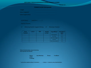 (KOP SURAT PERUSAHAAN/ANGGOTA BURSA ANGGOTA KLIRING)
Formulir 01
PEMBERITAHUAN PENYERAHAN
Tanggal

: ……………………………………………………..

Nomor Anggota/ID

: …………………………………………………….

Nama Anggota Kliring

: …………………………………………………….

KONTRAK :

KAKAO (……….)

Rincian Kontrak :

ο

Rekening Sendiri Anggota Kliring
Kode
Nasabah

Lokasi

SBP

ο

Rekening Terpisah

Jumlah
Lot/Kg*)

Spesifikasi

Standard
JFX

Biji Berjamur

4%

Biji Slaty

20 %

Biji Berserangga

2%

Kotoran

3%

Biji Berkecambah

3%

Nama & tanda tangan yang berwenang
serta stempel perusahaan

Hanya
untuk
Lembaga
g
*)

Jam Diterima

Proses

Verifikasi

cantumkan apabila setiap lot berbeda (……….) kakao +/- toleransi yang diperbolehkan

 