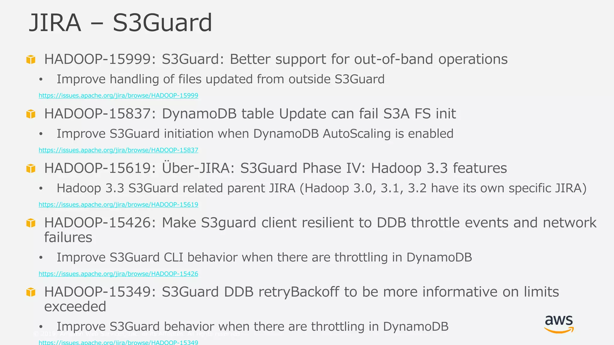 © 2019, Amazon Web Services, Inc. or its Affiliates. All rights reserved.
HADOOP-15999: S3Guard: Better support for out-of-band operations
• Improve handling of files updated from outside S3Guard
https://issues.apache.org/jira/browse/HADOOP-15999
HADOOP-15837: DynamoDB table Update can fail S3A FS init
• Improve S3Guard initiation when DynamoDB AutoScaling is enabled
https://issues.apache.org/jira/browse/HADOOP-15837
HADOOP-15619: Über-JIRA: S3Guard Phase IV: Hadoop 3.3 features
• Hadoop 3.3 S3Guard related parent JIRA (Hadoop 3.0, 3.1, 3.2 have its own specific JIRA)
https://issues.apache.org/jira/browse/HADOOP-15619
HADOOP-15426: Make S3guard client resilient to DDB throttle events and network
failures
• Improve S3Guard CLI behavior when there are throttling in DynamoDB
https://issues.apache.org/jira/browse/HADOOP-15426
HADOOP-15349: S3Guard DDB retryBackoff to be more informative on limits
exceeded
• Improve S3Guard behavior when there are throttling in DynamoDB
JIRA – S3Guard
 