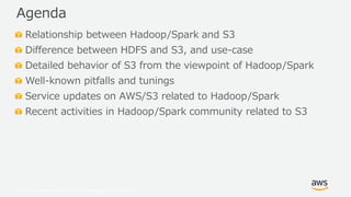 © 2019, Amazon Web Services, Inc. or its Affiliates. All rights reserved.
Relationship between Hadoop/Spark and S3
Difference between HDFS and S3, and use-case
Detailed behavior of S3 from the viewpoint of Hadoop/Spark
Well-known pitfalls and tunings
Service updates on AWS/S3 related to Hadoop/Spark
Recent activities in Hadoop/Spark community related to S3
Agenda
 