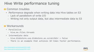 © 2019, Amazon Web Services, Inc. or its Affiliates. All rights reserved.
Common troubles
• Performance degrade when writing data into Hive tables on S3
⎼ Lack of parallelism of write I/O
⎼ Writing not only output data, but also intermediate data to S3
Workarounds
• Parallelism
⎼ hive.mv.files.threads
• Intermediate data
⎼ hive.blobstore.use.blobstore.as.scratchdir = false
⎼ There is an example that achieves 10 times faster performance.
https://issues.apache.org/jira/browse/HIVE-14269
https://issues.apache.org/jira/browse/HIVE-14270
Hive Write performance tuning
 
