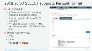 © 2019, Amazon Web Services, Inc. or its Affiliates. All rights reserved.
S3 SELECT is
• A feature to enable querying
required data from object
• Support queries from API, S3
console
• Possible to retrieve max 40MB
record from max 128 MB source
file
Supported formats
• CSV
• JSON
• Parquet <-New!
https://aws.amazon.com/jp/about-aws/whats-new/2018/09/amazon-s3-announces-
2018.9: S3 SELECT supports Parquet format
 
