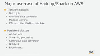 © 2019, Amazon Web Services, Inc. or its Affiliates. All rights reserved.
Transient clusters
• Batch job
• One-time data conversion
• Machine learning
• ETL into other DWH or data lake
Persistent clusters
• Ad-hoc jobs
• Streaming processing
• Continuous data conversion
• Notebook
• Experiments
Major use-case of Hadoop/Spark on AWS
 