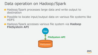 © 2019, Amazon Web Services, Inc. or its Affiliates. All rights reserved.
Hadoop/Spark processes large data and write output to
destination
Possible to locate input/output data on various file systems like
HDFS
Hadoop/Spark accesses various file system via Hadoop
FileSystem API
Data operation on Hadoop/Spark
FileSystem
App
FileSystem API
 