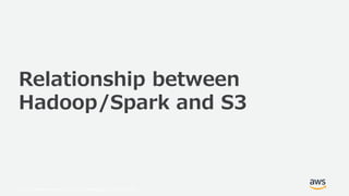 © 2019, Amazon Web Services, Inc. or its Affiliates. All rights reserved.
Relationship between
Hadoop/Spark and S3
 