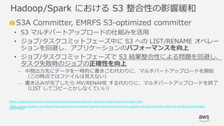 © 2019, Amazon Web Services, Inc. or its Affiliates. All rights reserved.
S3A Committer, EMRFS S3-optimized committer
• S3 マルチパートアップロードの仕組みを活用
• ジョブ/タスクコミットフェーズ中に S3 への LIST/RENAME オペレー
ションを回避し、アプリケーションのパフォーマンスを向上
• ジョブ/タスクコミットフェーズで S3 結果整合性による問題を回避し、
タスク失敗時のジョブの正確性を向上
⎼ 中間出力先にデータを一時的に書きこむ代わりに、マルチパートアップロードを開始
（この時点ではファイルは見えない）
⎼ 書き込みが完了したら MV/RENAME する代わりに、マルチパートアップロードを終了
（LIST してコピーとかしなくていい）
https://docs.aws.amazon.com/emr/latest/ReleaseGuide/emr-spark-s3-optimized-committer.html
https://aws.amazon.com/blogs/big-data/improve-apache-spark-write-performance-on-apache-parquet-formats-with-the-emrfs-s3-optimized-
committer/
Hadoop/Spark における S3 整合性の影響緩和
 